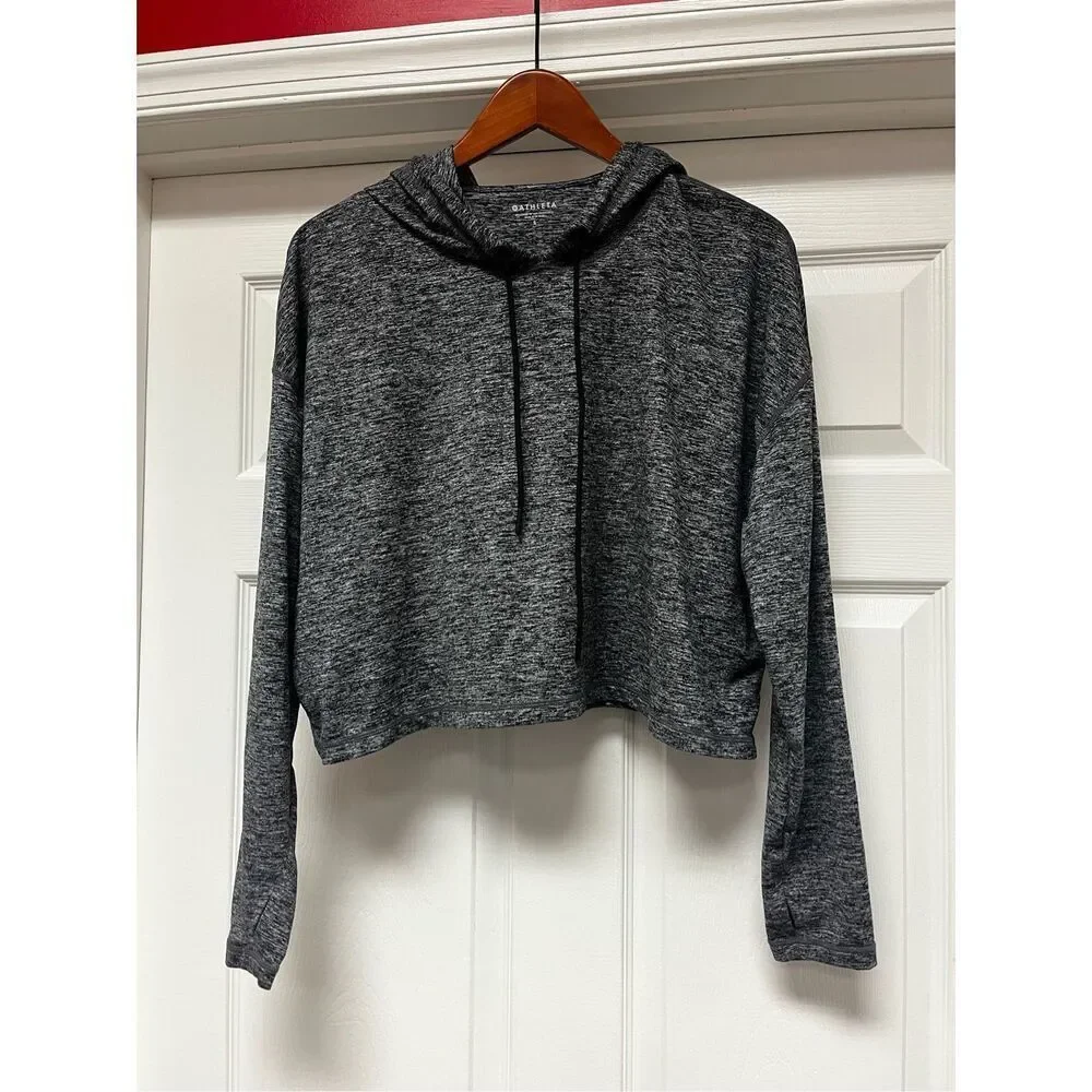 Athleta Gray Space Dye Uptempo Cropped Thump Hole Hoodie sz S NWOT